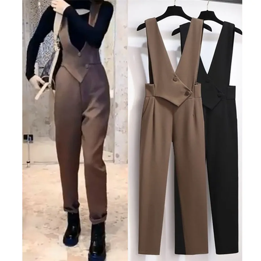 

Gowyimmes 2022 New Fashion Chic Women Solid Jumpsuit Harem Pant Girl High Waist Suit Pants Straps Slim Suspenders Trousers 1250