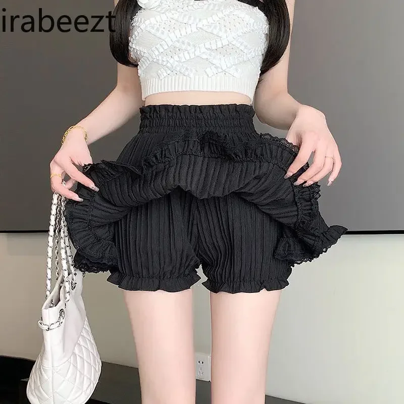 

Black Pommel Cake Shaped Skirt Women Summer Flower Buds Elastic High Waist Thin A Line Lace Short Fashion Culottes