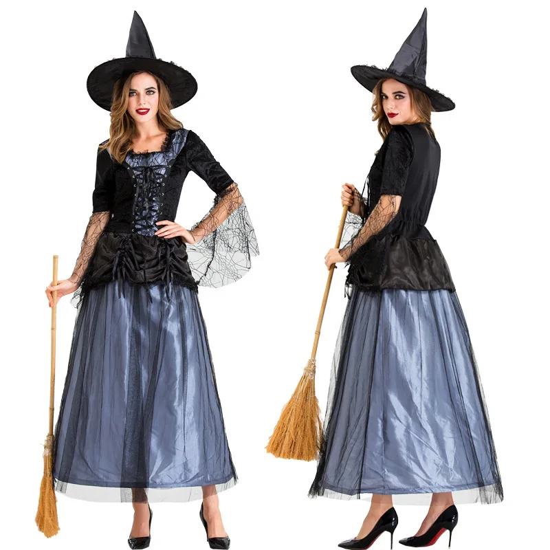 

Witch Dress with Witch Pointy Hat Halloween Gothic Witch Costumes for Women Lace Mesh Black Vampire Queen