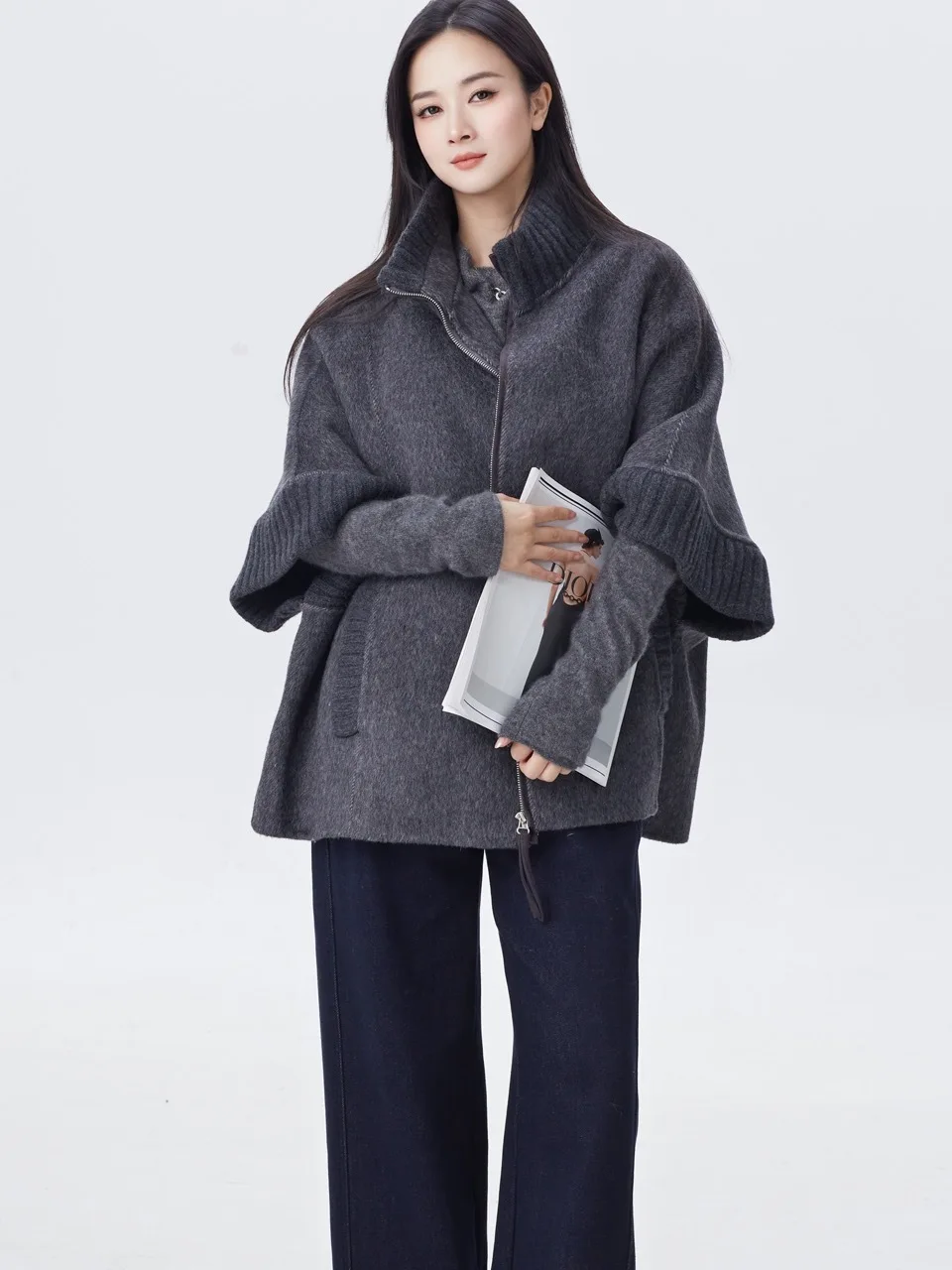 

Korean Sle Wool Blend Coat Ease the Label Cowl Ne Long Sve Thi Winter Outerwear for Women Mid-Length Zipper Closure