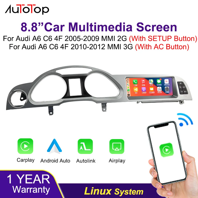 Image of AUTOTOP 8,8 Zoll Linux Carplay Touchscreen für Audi A6 C6 4F 2005-2012 MMI 2G MMI 3G Wireless Carplay Android Auto Mirror Link