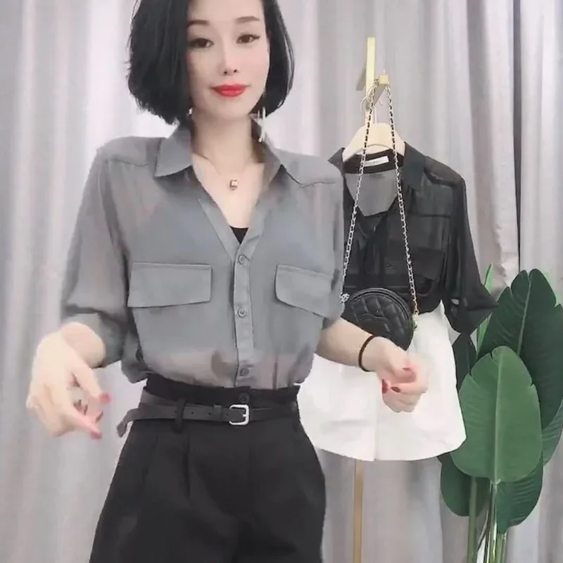 Chiffon Loose Grey See-through Tops for Women Transparent with Sleeves Clothes Womens Shirt & Blouse Cool Elegant Social Y2k M S