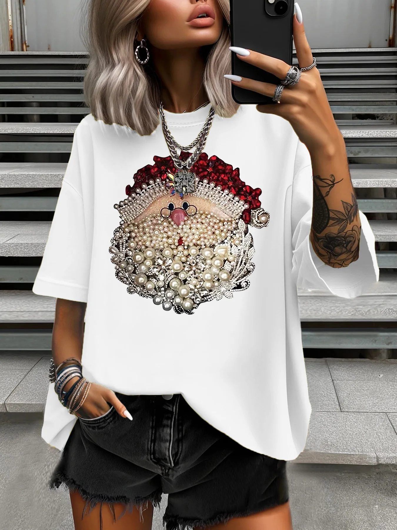 

Летняя женская футболка больших размеров, оригинальный дизайн, модный узор Санта-Клауса, женские повседневные топы с круглым вырезом и короткими рукавами с принтом