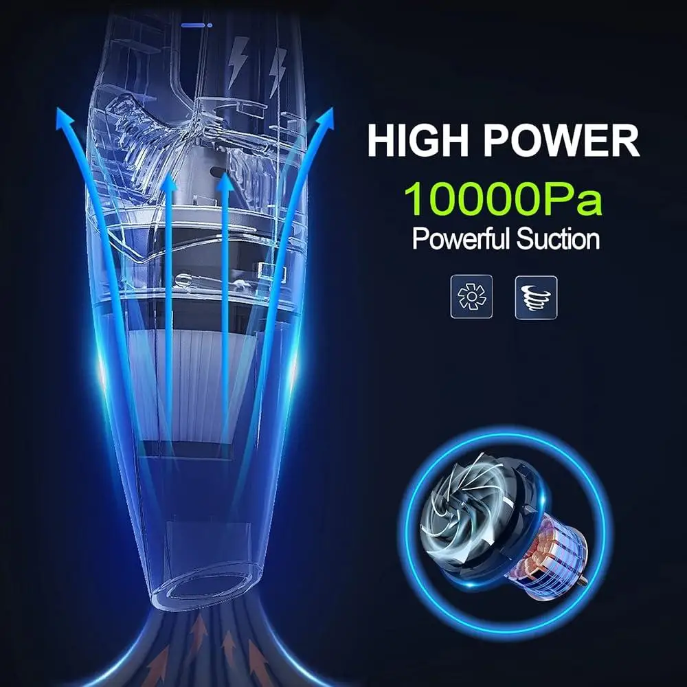 Беспроводной ручной пылесос 10 кПа, портативный автоматический очиститель с сильным всасыванием, легкий HEPA-фильтр, светодиодный светильник, перезаряжаемая батарея 2