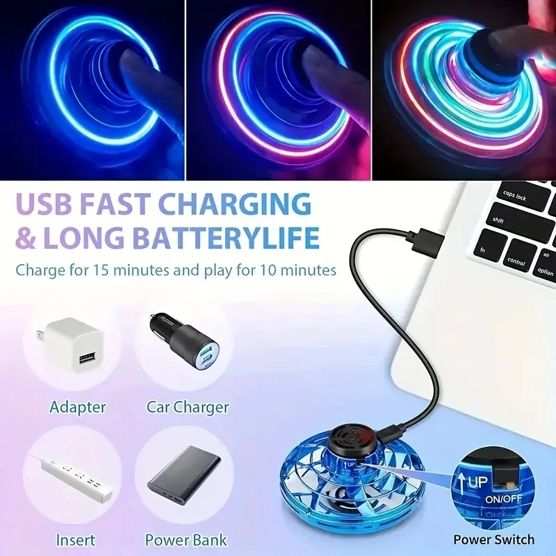 새로운 LED 비행 UFO 회전 장난감, 업그레이드된 비행 헬리콥터 자이로 플라이어볼, 미니 드론 항공기 장난감, 크리스마스 선물 썸네일 4