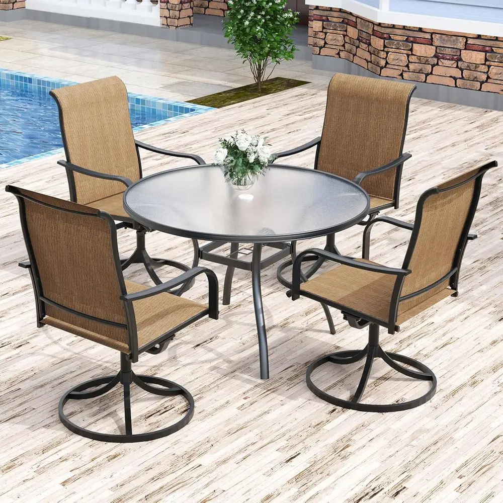 

40 Round Glass Outdoor Patio Dining Set with 4 Swivel Rocking Chairs, Brown