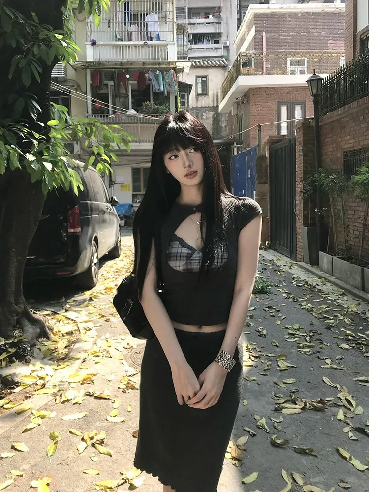 

Summer Women's Sweet Girl Hollow out Strap Dr Set Deep ey Plaid ort Sve High Waist Slim Fit Faionable Trendy