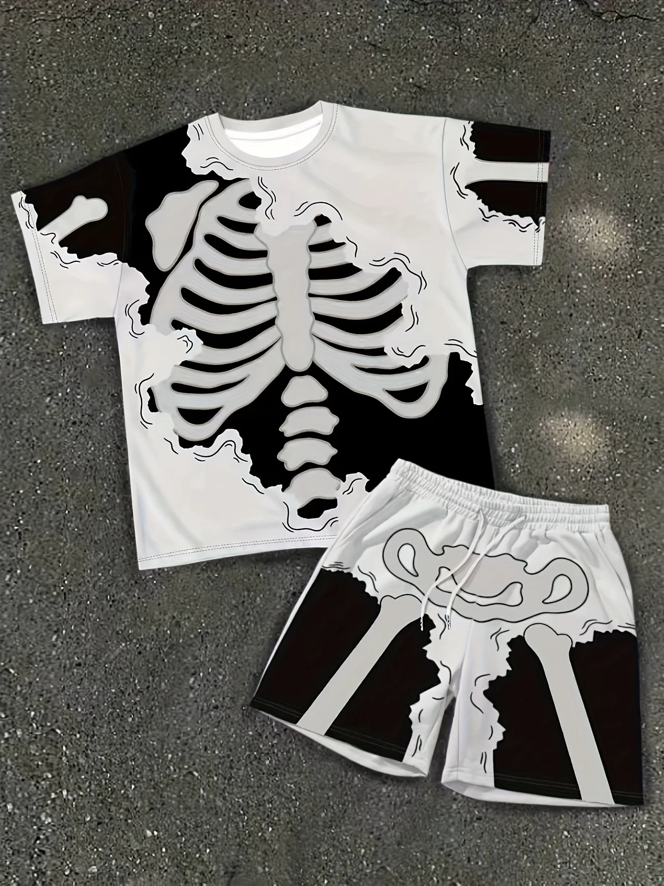 

2-Piece Men's Skull Print Crew Neck Short Sleeve T-Shirt & Shorts Set Summer Halloween Street Style