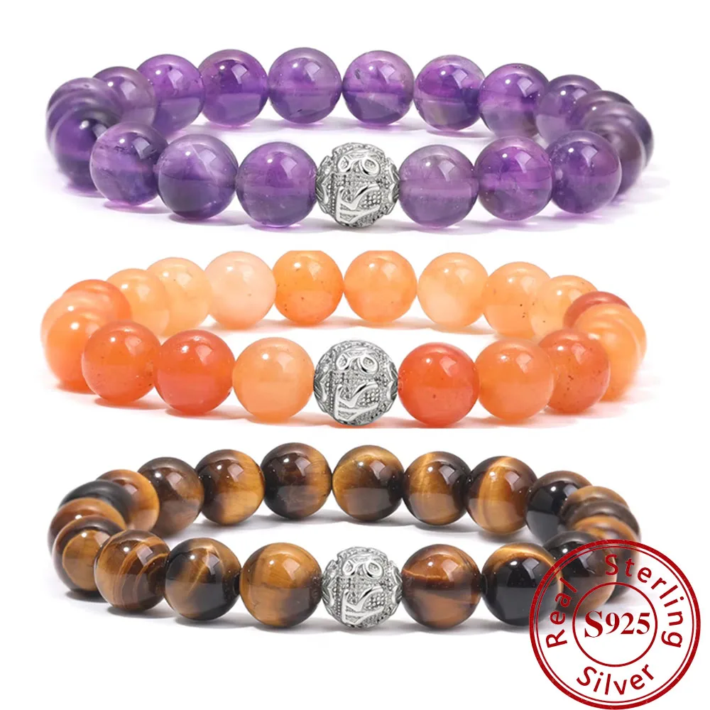 

S925 Sterling Silver Natural Stone Bracelet Amethyst Lava Stone Dragon Pattern Bracelet Jewelry Gift Pulsera De Plata 925