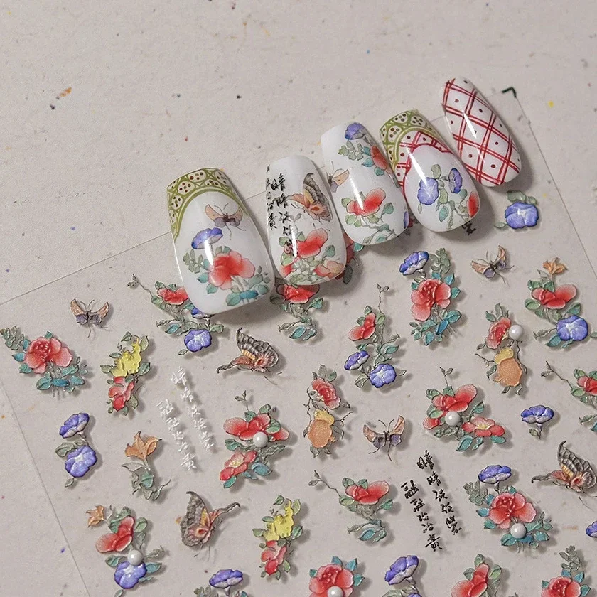 Chic Ancient Butterfly Flowers Morning Glory Peony Rose Daisy Lily Sunflower Pearl Rhinestones Nail Art Sticker Decoration Decal