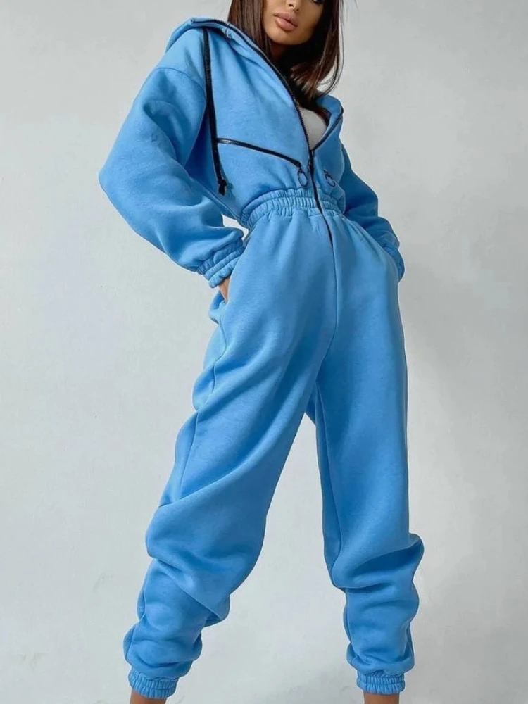

New Spring Autumn Women's Monochrome Long-Sleeved Jumpsuit Zip-up Sportswear Female Winter Casual Tracksuit Fashionable Hoodies