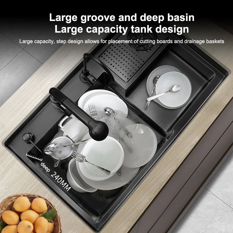 Modern Black Single Bowl Undermount Stainless Steel Kitchen Sink Multifunctional Double Waterfall Faucet Brushed Surface