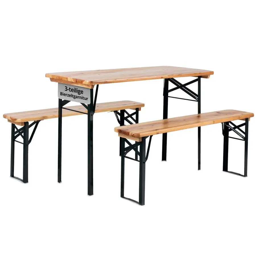 BB117 NT Hirschgarten Bierzelt-Set für Balkon, kurze Version 117 cm Länge, klappbares Festzellenset, 1 x Tisch, 2 x Bank, Holz