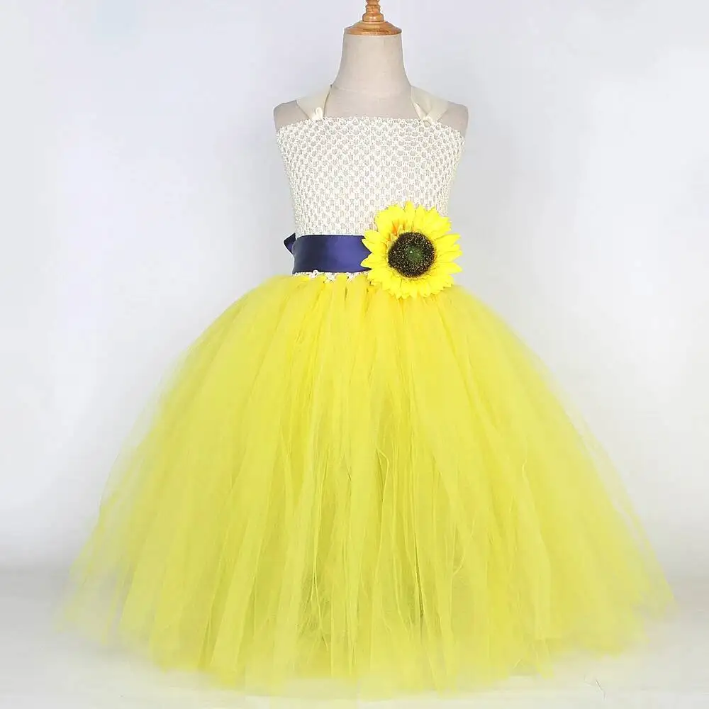 Sunflowers Long Tutu Dress for Girls Thanksgiving Holiday Costumes for Kids Carnival Halloween Fancy Outfit with Flowers Hairbow