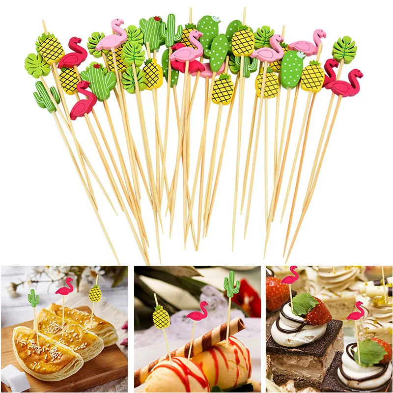 100pcs Disposable Bamboo Food Fruit Toothpick Cute Bear Flamingo Buffet Cake Dessert Fork Stick for Wedding Birthday Party Decor