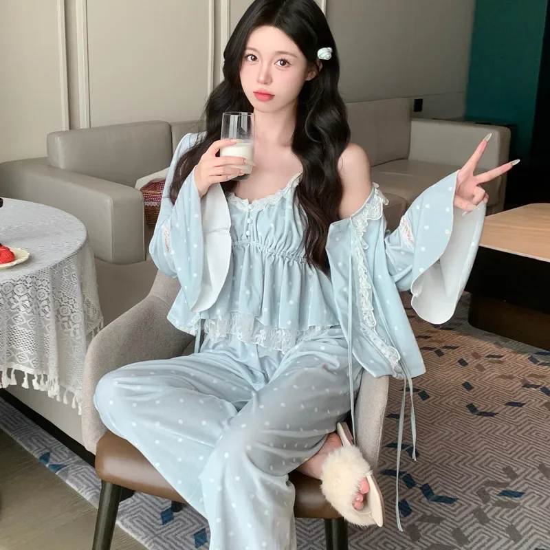 

Blue Print Suspender Sleepwear Women's Autumn and Winter Gold Velvet Sleepwear Three Piece Set Lace Sexy Home Suit Set