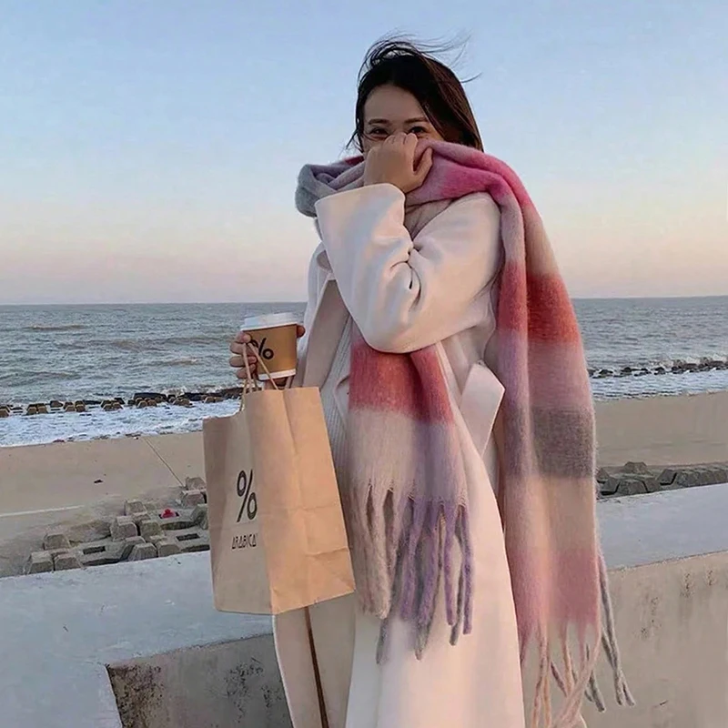 

Зимний толстый теплый шарф для женщин, кашемировая шаль, шейный платок из пашмины, Bufanda Lady, радужная волосатая кисточка, палантины Echarpe