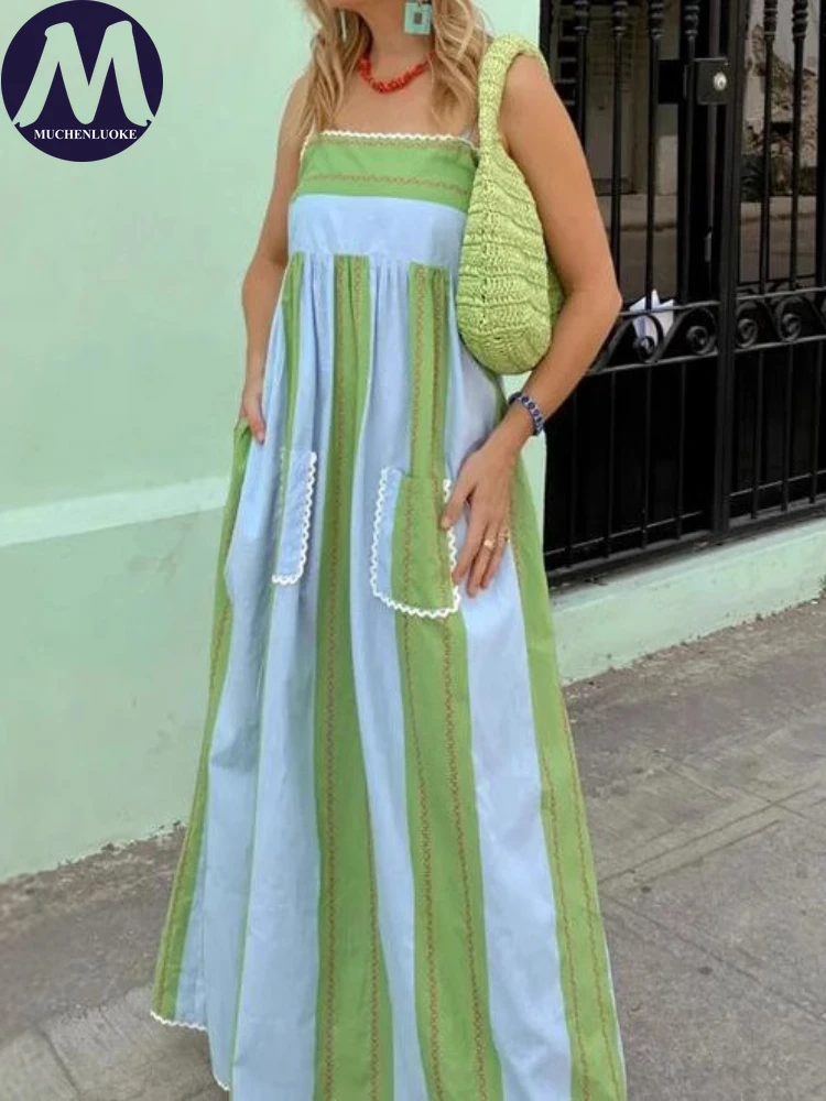 

Elegant Womens Dresses Summer New Striped Boat Neck Sleeveless Sling Dress Fashionable Slim Fit Off Shoulder Women's Dresses