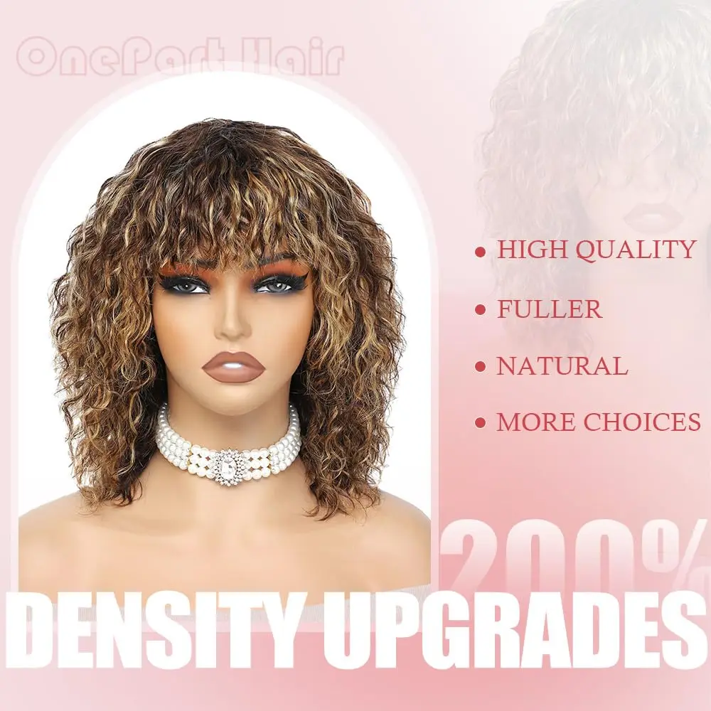 Onepart Human Wigs 200% Density Short Water Wave Wig With Bangs For Black Women 100% Brazilian Virgin Human Hair Wigs Machine