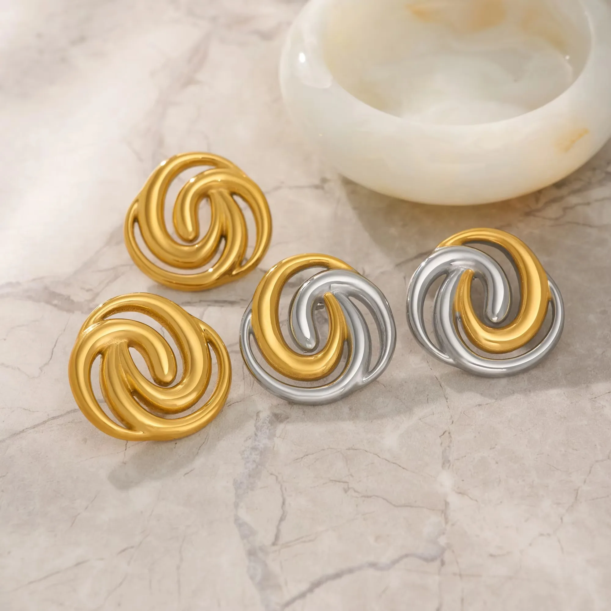 Round Striped Swirl Twist Skeleton Mix Color Stud Earring for Women Boho 18k Gold Plated Stainless Steel Jewelry Aretes De Mujer