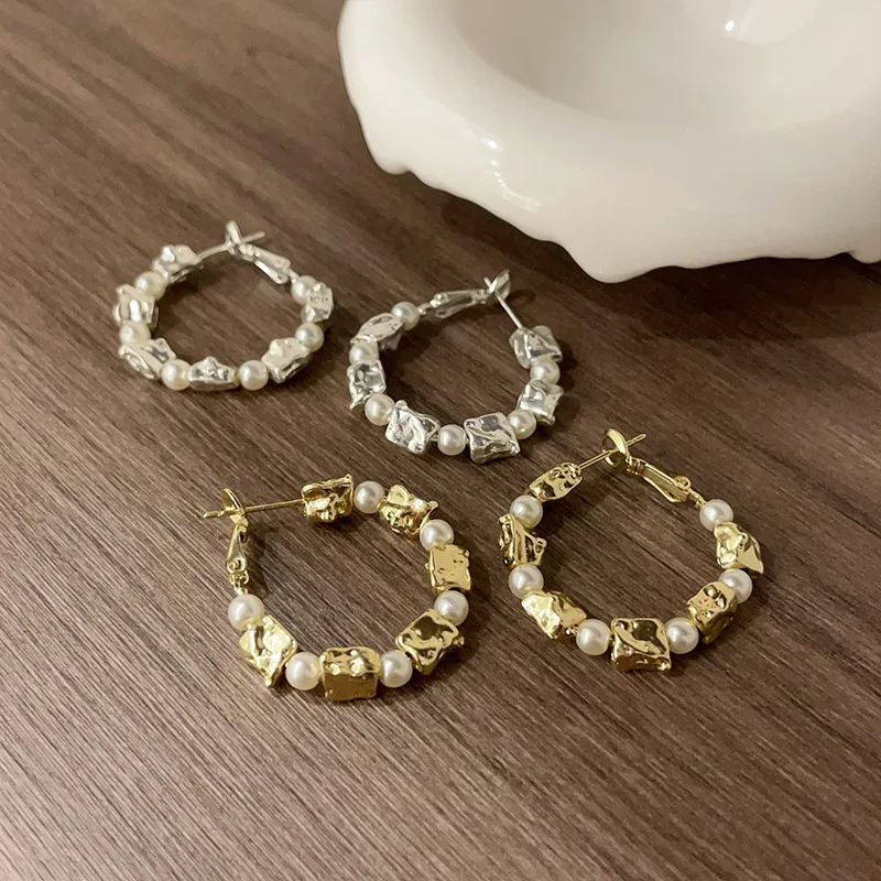 

925 Sterling Silver Hoop Earrings for Women Imitation Pearl Stone Fashion Trendy Party Wedding Jewelry Gift
