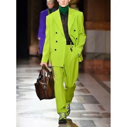 New Peak Lapel Double Breasted Men Suits Fluorescent Green 2 Piece Fashion Slim Fit Casual Catwalk Party Prom Wedding Set