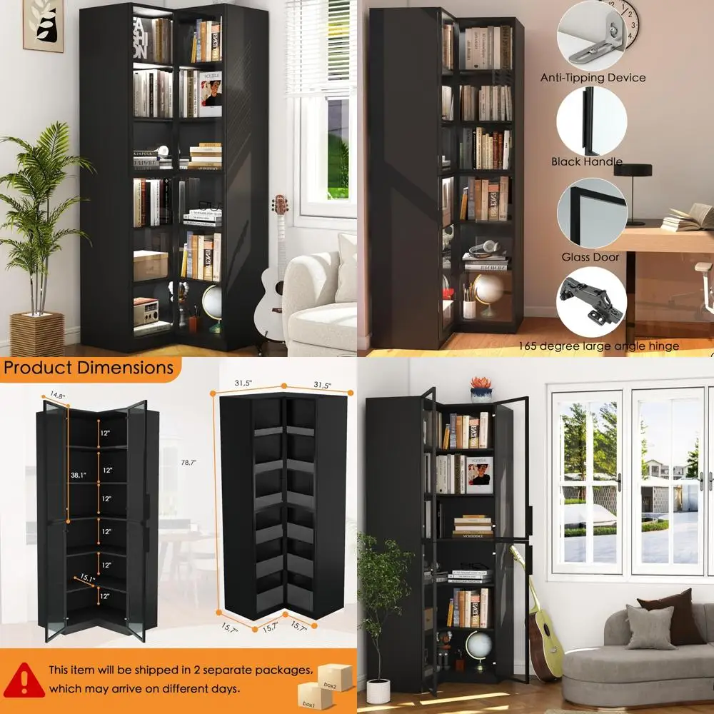 Libreria angolare moderna con ante in vetro: armadio portaoggetti a L, vetrina nera con illuminazione a LED