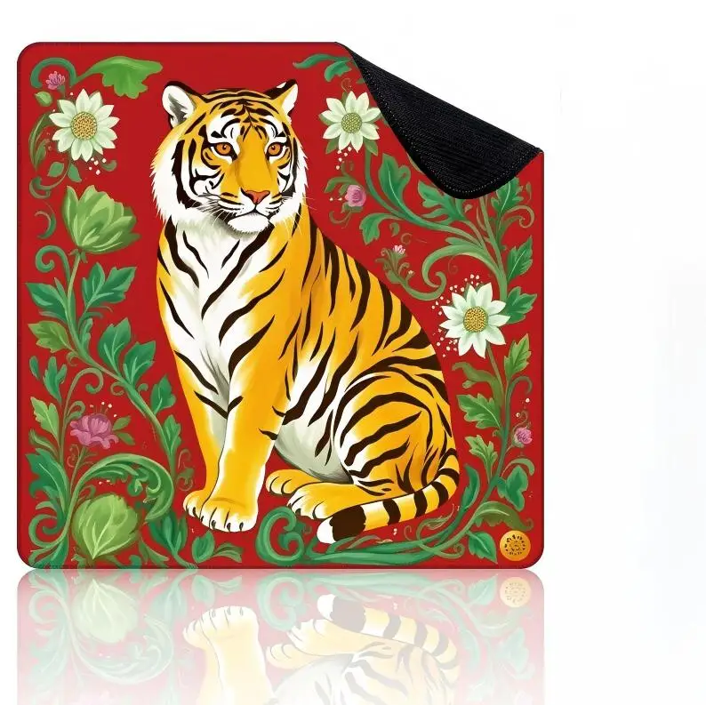 VIKAMA Retro Red Floral Tiger Mahjong Mat Non Slip Noise Dampening Soft Square Pad Washable For Traditional Mahjong Lovers