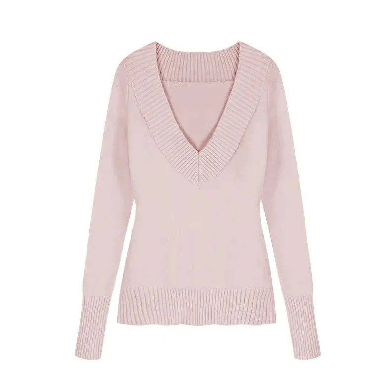 

Shoulder Bared Long Sleeve Knitted Sweater Women's Autumn Winter New Style Pure Desire Sweet Spicy Retro V Collar Small