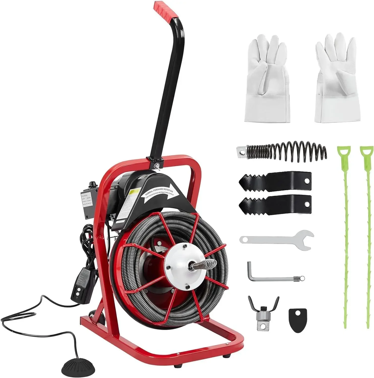 Electric Drain Cleaner Machine, 75 FT X 1/2-Inch Drain Auger & Sewer Snake with 4 Cutters, Air-Activated Foot Switch, and Gloves (K300K)