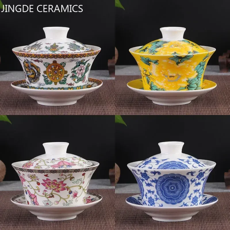 Jingdezhen Ceramic Gaiwan High Quality Sancai Tea Bowl Chinese Traditional Pattern Cover Bowl Blue and White Porcelain Tea Set