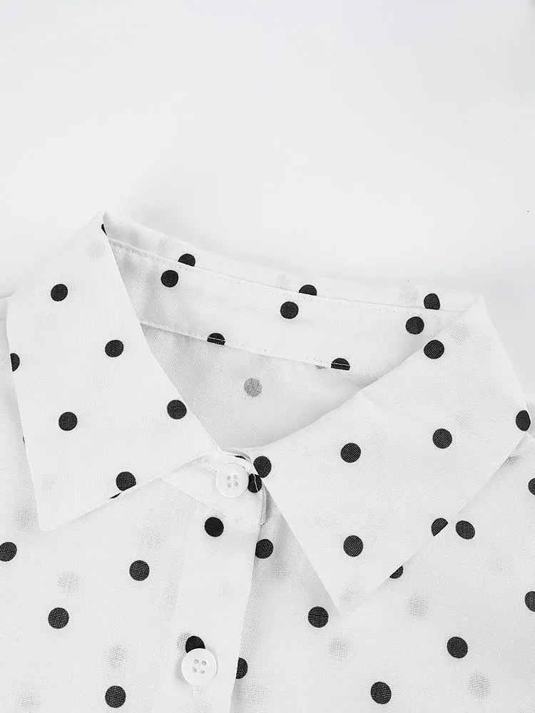 Nuove camicie da donna oversize con polsino a balze a pois neri retrò camicetta elegante primavera autunno coreano popolare top abbigliamento femminile