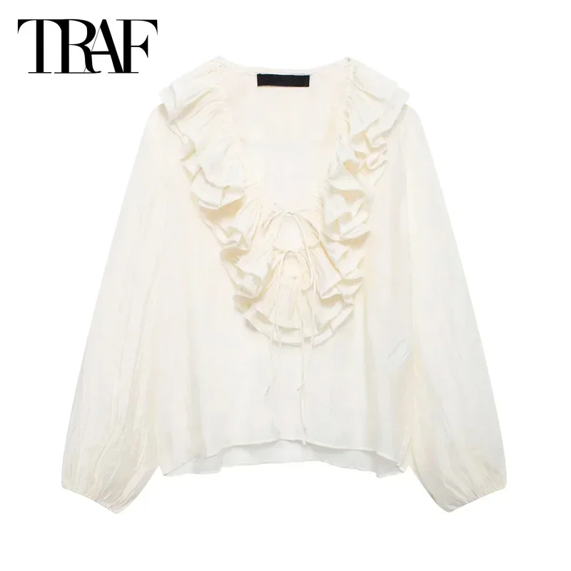 TRAF Butterfly Pleated Shirt Ruffled Shirts&Blouses 2024 Summer Autumn Women\'s Elegant Ladies Fashion Casual Long Sleeve Blouses