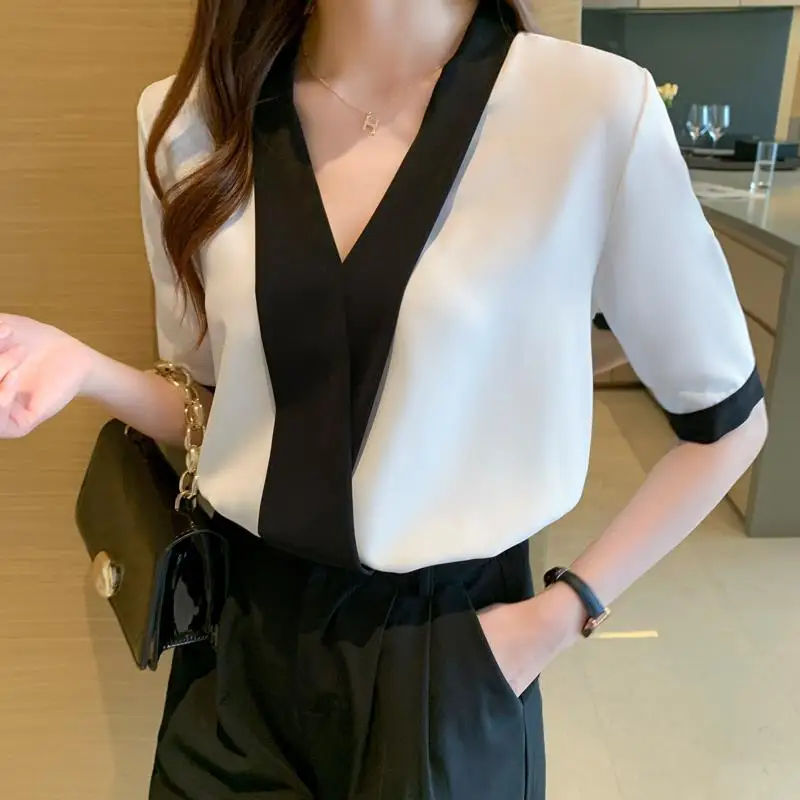 

Elegant V-Neck Spliced Half Sleeve Loose Chiffon Shirt Women's Clothing 2024 Summer New Casual Tops Office Lady Blouse