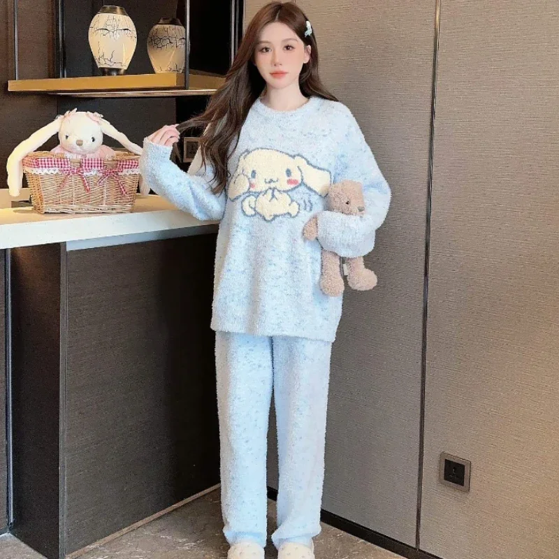 

Kawaii Sanrio Cinnamoroll Anime Ladies Homewear Suit Cartoon Long-sleeved Pants Loose Two-piece Winter Warm Can Go Out Pajamas