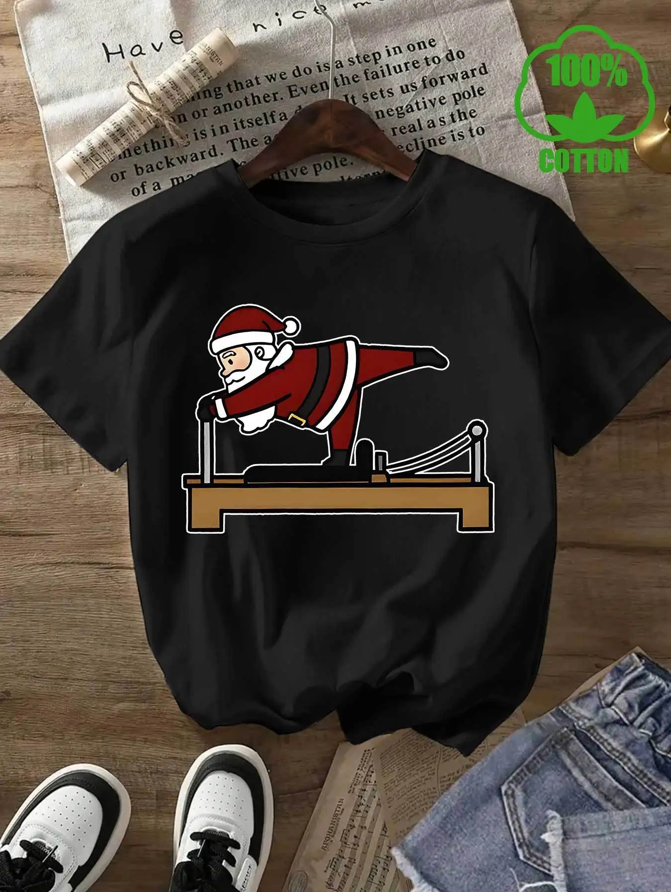 

Funny Santa Claus Pilates & Core Workouts Print, Black with White Gymnastics Santa Design, Round Neck Short Sleeve Casual