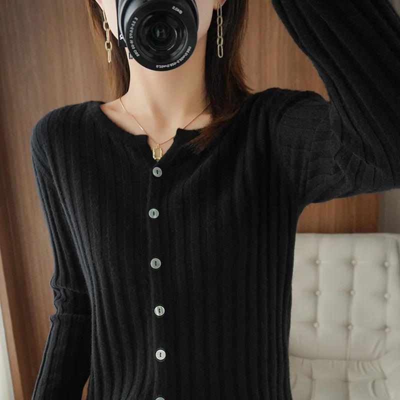 Women's Pit Stripe Design Stretch Cardigan Vintage Simple Single Breasted Slim Sweaters Round Collar Solid Long Sleeve Knitwear