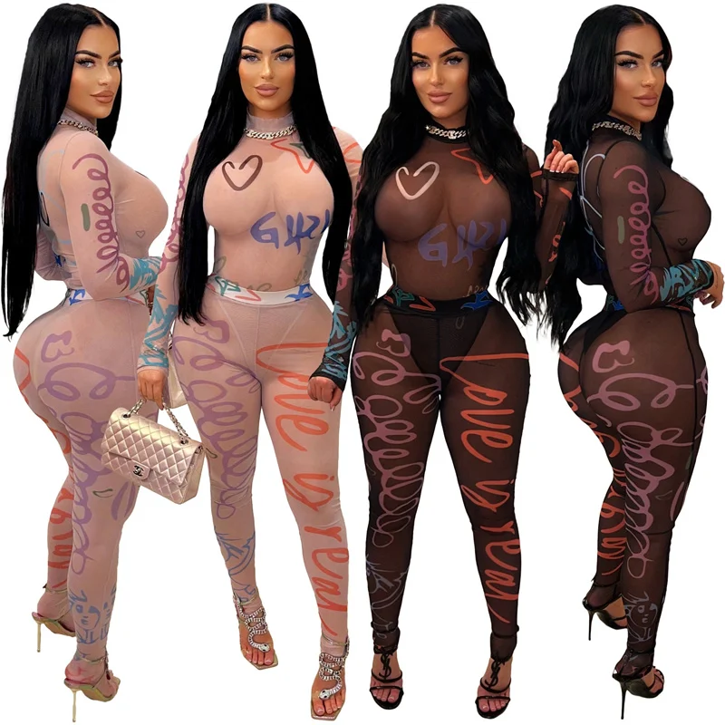 Sexy Print See Through Mesh Two Piece Set Women Outfit 2024 Nightclub Party Long Sleeve Bodysuit Top and Leggings Matching Sets