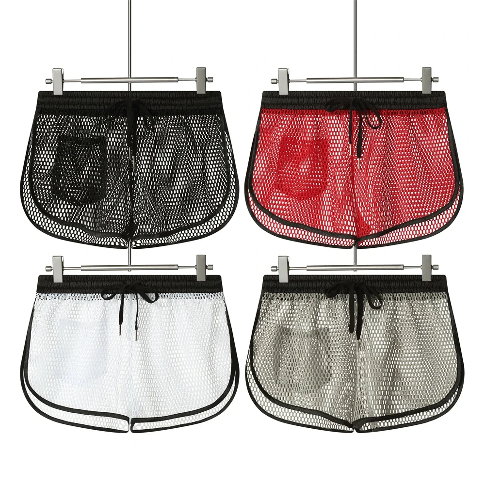 

Мужские сетчатые шорты для бега по бодибилдингу, мужские спортивные дышащие повседневные шорты с вырезами, свободные прозрачные пляжные плавки