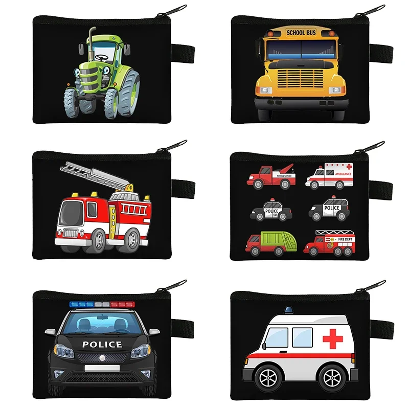 Cartoon Car Fire Engine Tractor Print Coin Purse Travel Bus Camper Wallets Earphone ID Credit Card Bag Money Coin Bags Gift