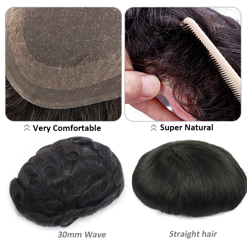 Lace PU Man Toupee Indian Remy Human Hair Wig for Men Breathable French Lace men's Capillary Prosthesis Soft Durable Thin PU Wig