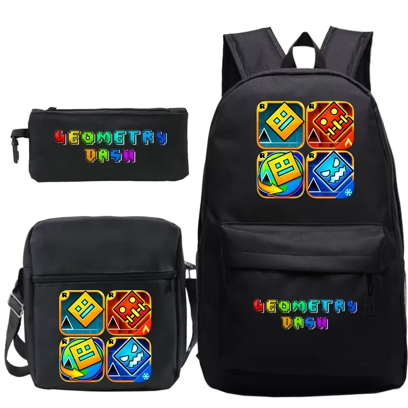 3pcs Set Backpack Geometry Dash School Bag Shoulder Bag Pencil Case Lightweight Zipper Backpack Book Teenager Boy Girl Trend Bag
