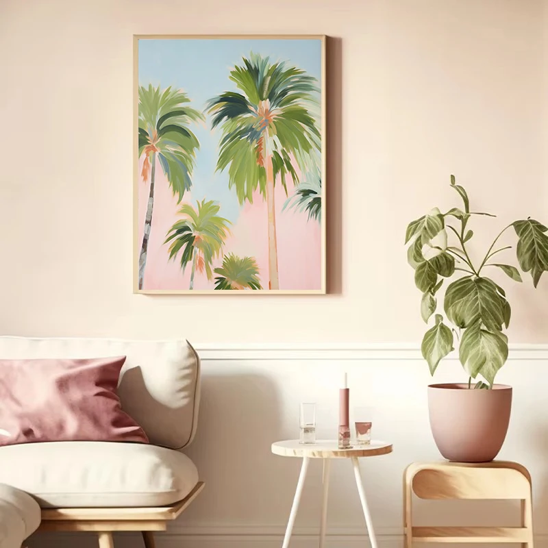 Tropical Leaves Cocktail Pink Summer Botanical Plants Poster Canvas Painting Aesthetic Wall Art Pictures Home Interior Decor