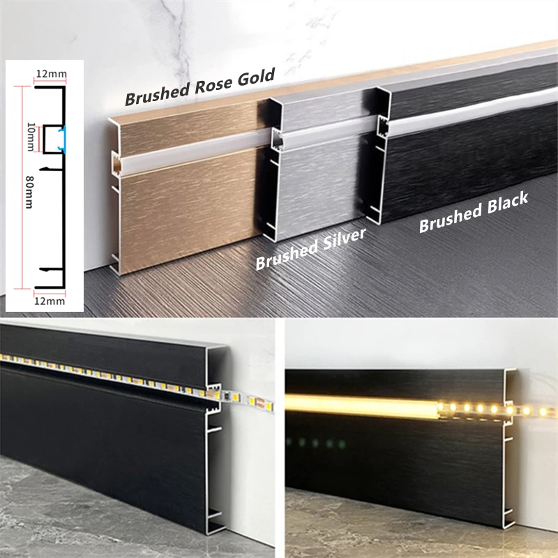 H80mm LED Skirting Line 0.5m 1m Brushed LED Aluminium Profile Floor Baseboard Bar Strip Light Metal Wall Skirting Linear Lamp