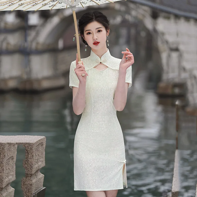 

Green Lace Short Sleeve Cheongsam Women Vintage Dress Traditional Dresses Fashion-look Qipao S To XXL