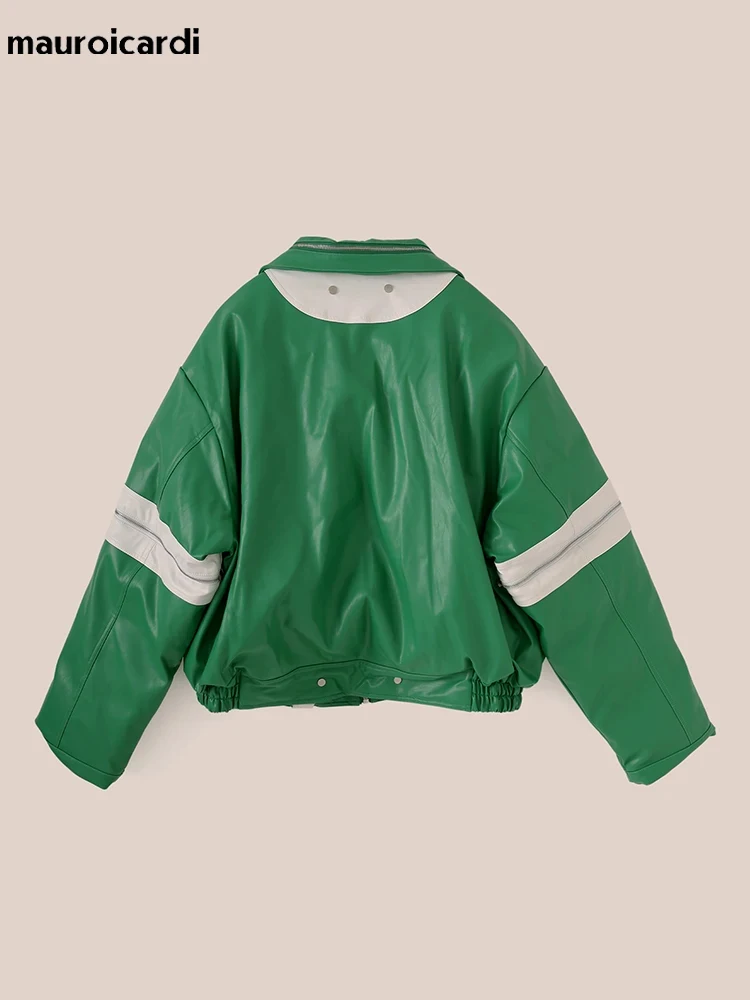 Mauroicardi Spring Autumn Oversized Green and White Patchwork Pu Leather Jacket Men with Many Zippers Luxury Designer Clothes