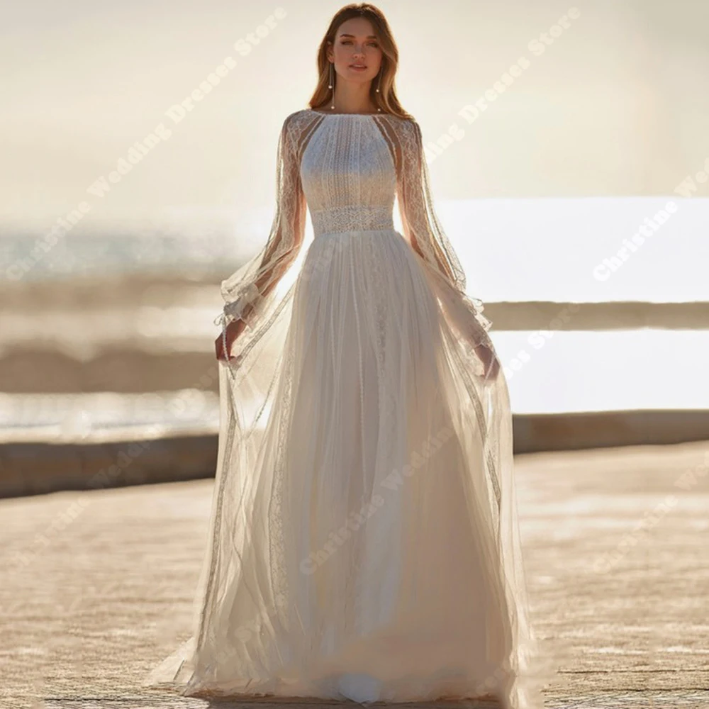 Vestidos de novia de tul de alta calidad para mujer, vestidos de novia de encaje Sexy, mangas largas, trapeador de línea a, vestidos de novia formales, dulces batas de fiesta en la playa