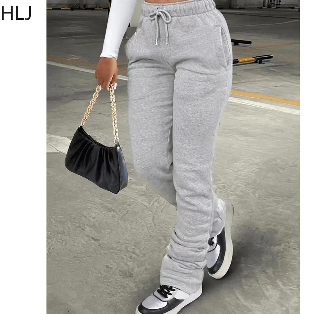 HLJ Autumn Winter Drawstring Jogger Pants Women High Waisted Stacked Trousers Casual Female Solid Color Matching Sporty Bottoms