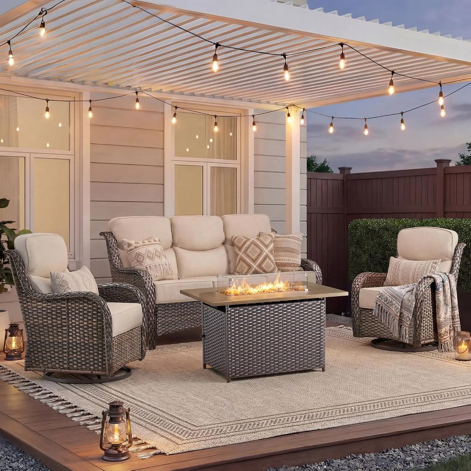 High Back Wicker Swivel Rocker Patio Set with Fire Pit Table, 6