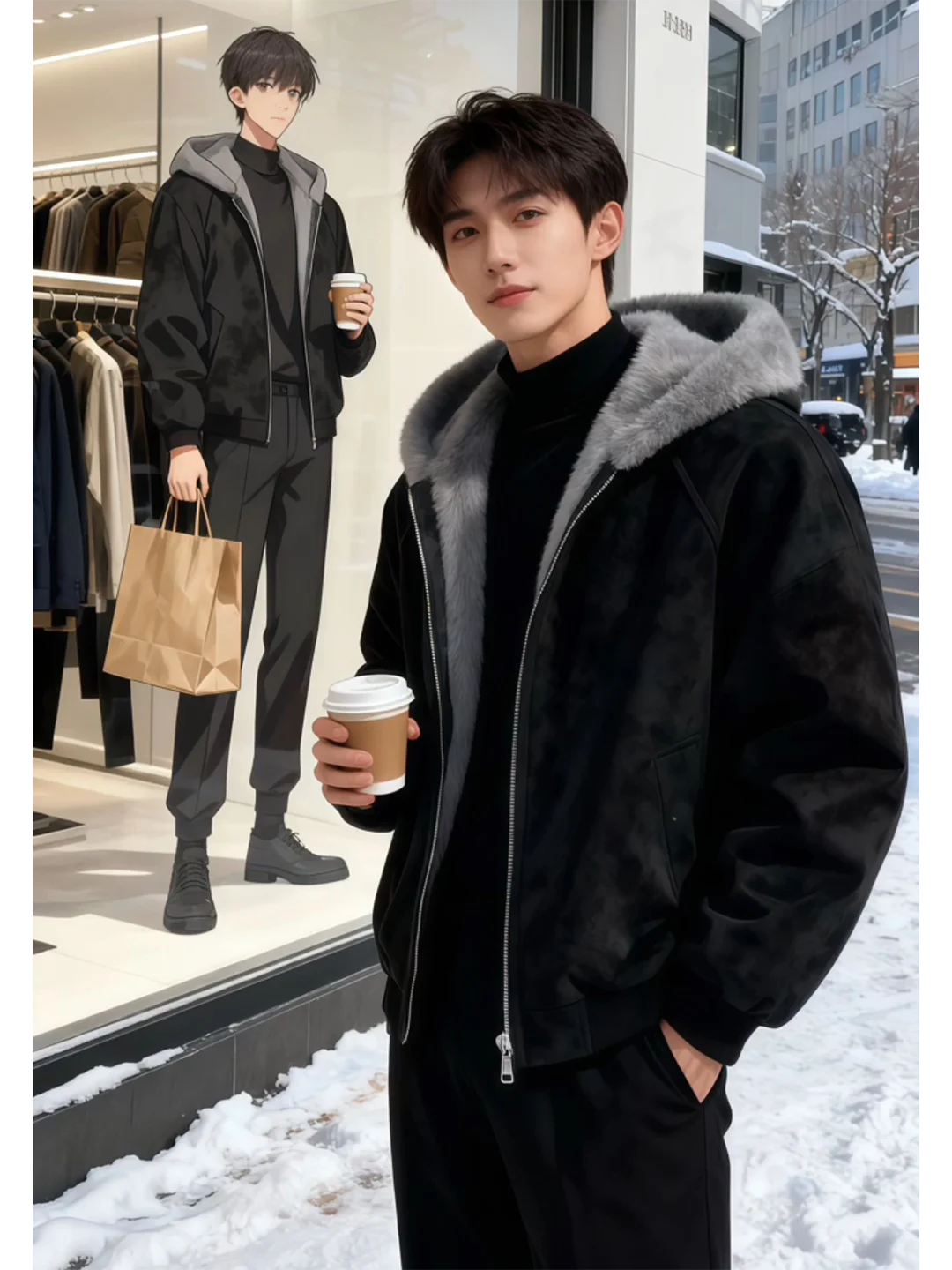 

Куртка с капюшоном из кожи с узором личи, утепленная зимняя куртка, мужская хлопковая одежда с меховым воротником, теплая повседневная модель на молнии